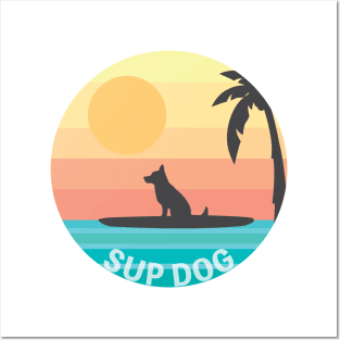 Sup Dog Funny Paddle Boarding German Shepherd Dog Rainbow Sunset Posters and Art
